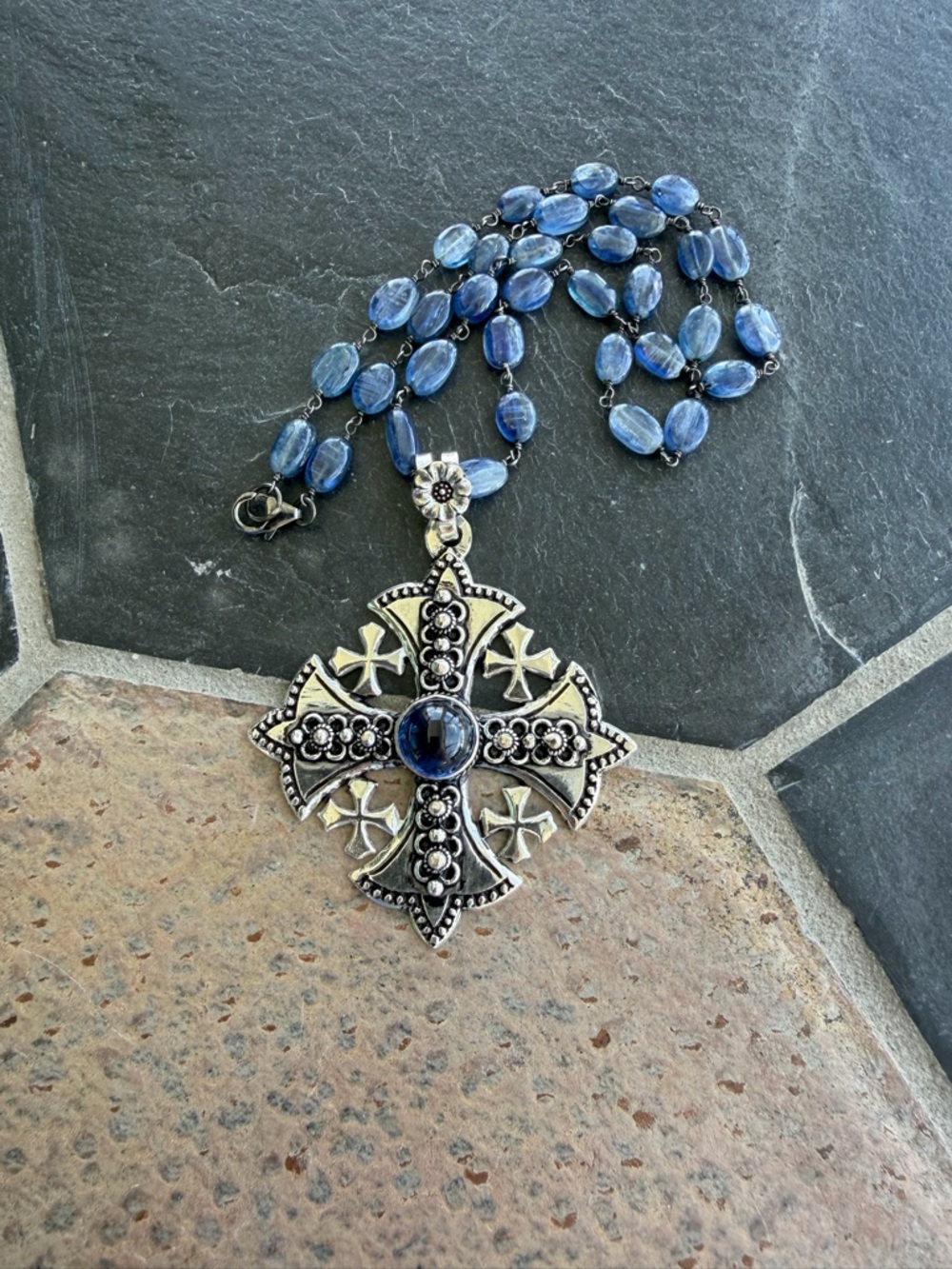 Blue Iolite Cabachon Stone Sterling Silver 925 Cross Pendant Necklace 18”